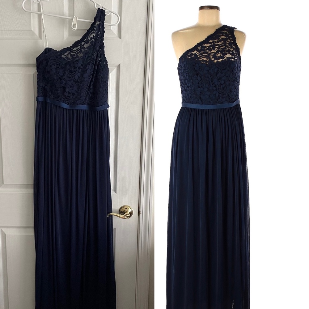 David’s Bridal Long One-Shoulder Blue Dress .